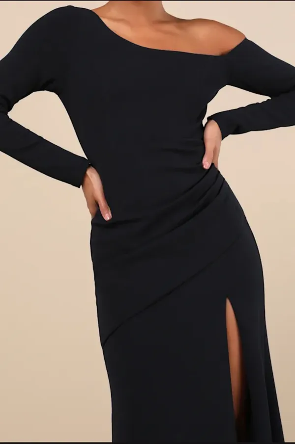 Lulus Navy Blue Asymmetrical Pleated Maxi Dress - Image 3