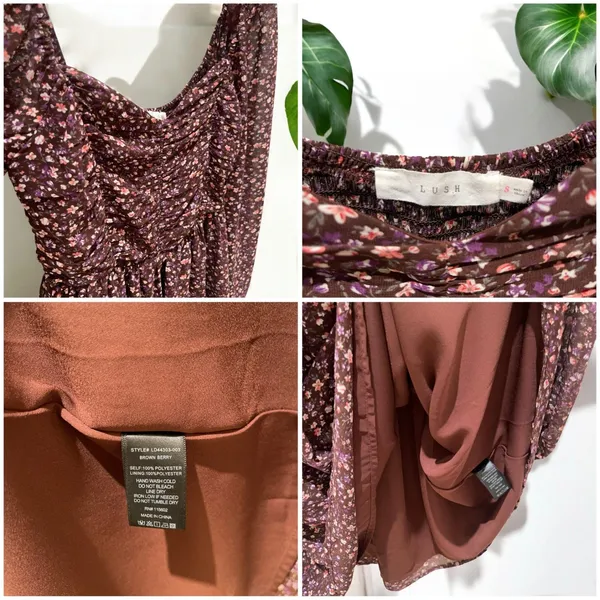 LUSH Boho Smocked Sweetheart Milkmaid Dress in Brown Berry Floral - Image 11
