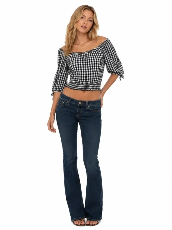 Hollister XS Black White Gingham Off Shoulder Smocked Peasant Crop Top - Image 3