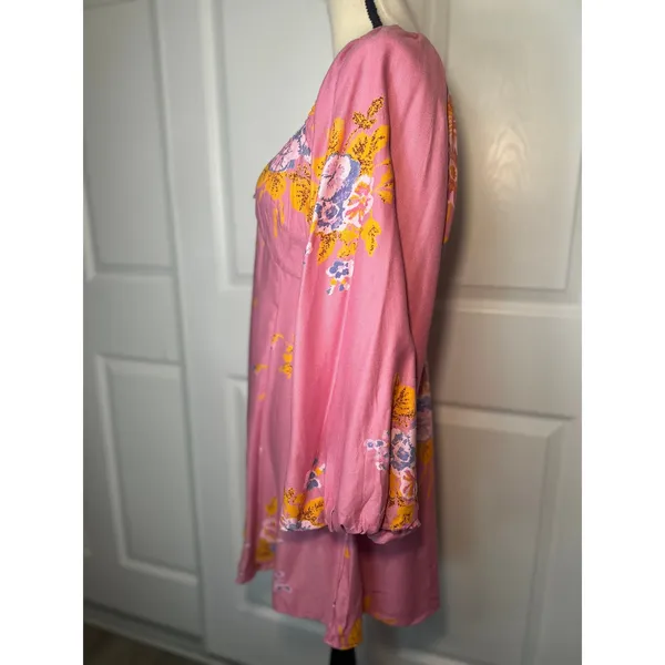 NWT Free People Francesca Pink Floral Long Sleeve Smocked‎ Back Mini Dress Small - Image 2