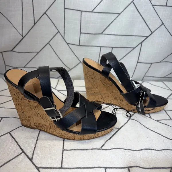 Express Wedge Sandals 10 Black Cork Platform‎ Strappy Buckle Heels nwt - Image 2
