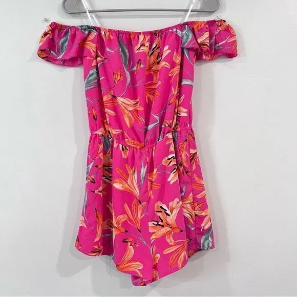 Lulus After Sunset Magenta Pink Floral Off the Shoulder Romper‎ SMALL - Image 5