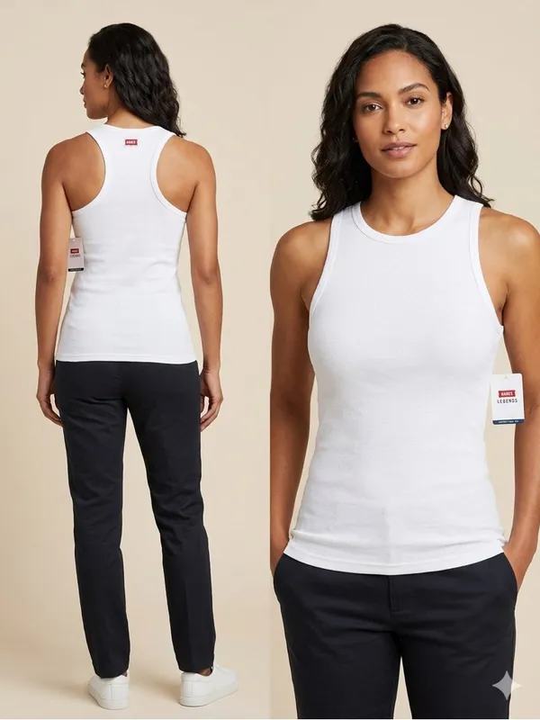 Hanes Women's White Ribbed Crewneck Tank Top with built in‎ padding - Image 2