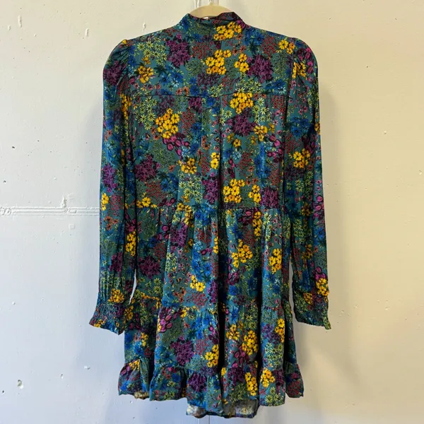 Dixie Teal Floral Tie Neck Tiered Ruffle Mini Dress Long Sleeve‎ Smocked Cuffs - Image 3