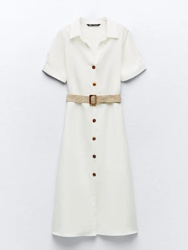 ZARA Cream Button-Front Midi Shirt Dress with Woven Belt - Image 4