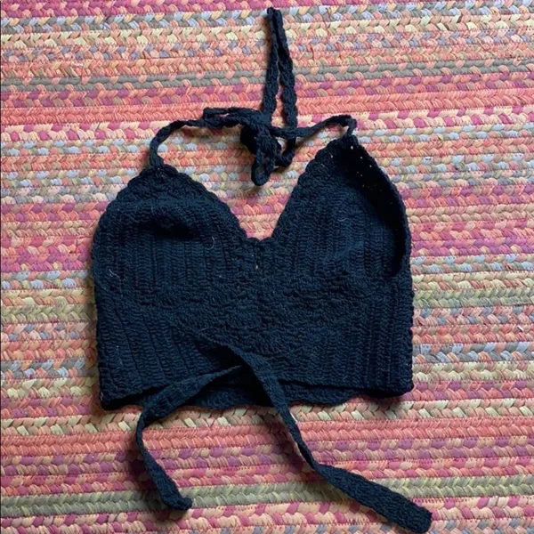 Handmade Black Knit Top Iridescent Beads - Image 3