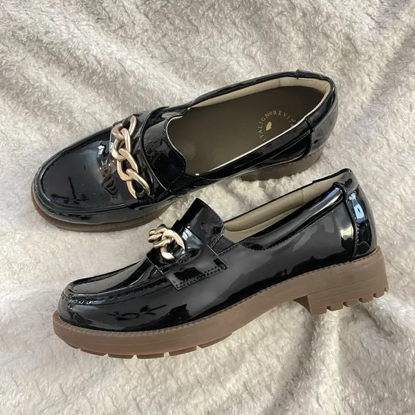Revitalign Laural Black Patent Loafers Gold Chain Sz 10 - Image 6