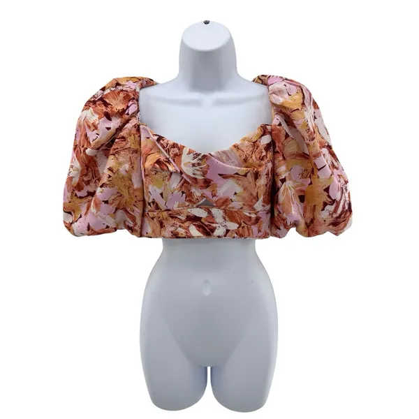 Acler Withington Top Size 2 NWOT Puff Sleeve Abstract‎ Floral Crop Blouse - Image 4