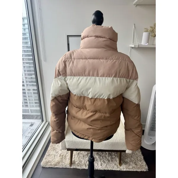 Abercrombie & Fitch Women's Colorblock Mini Puffer Jacket Pink Tan Size M - Image 7
