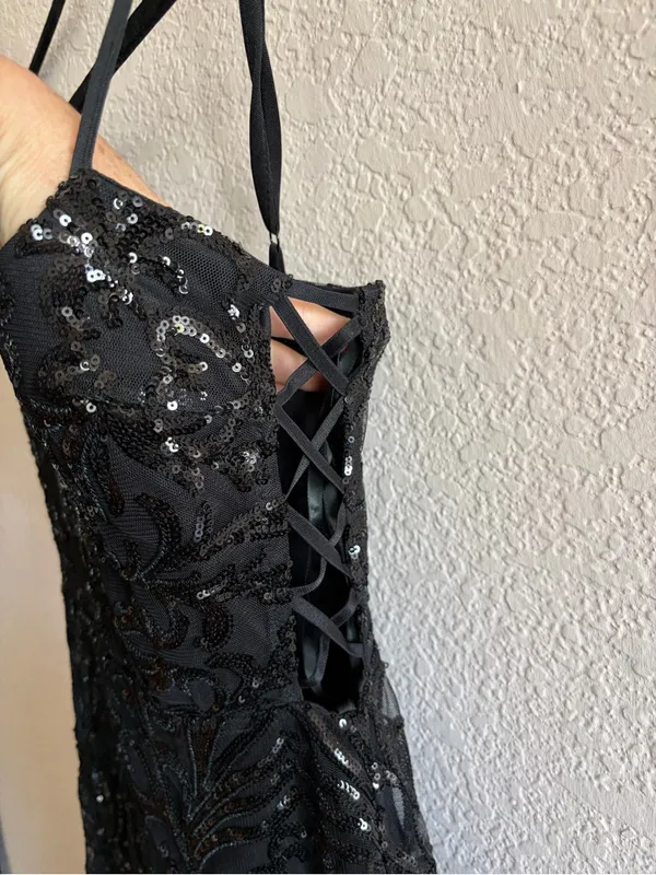 Elegant Black Sequin Embellished Evening Gown with‎ Spaghetti Straps - Image 4