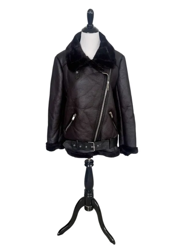 Zara Faux Leather/Fur Black Biker Jacket Size Small - Image 3
