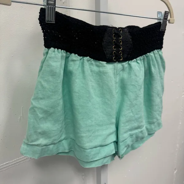 Y2K Bebe Low Rise Mint‎ Green Shorts wth Corset Lace-Up Waist Linen Medium - Image 3