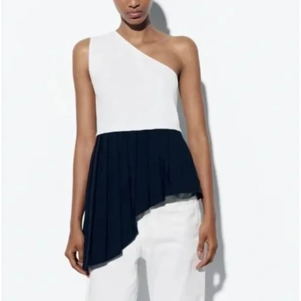 Zara One‎ Shoulder Top Womens L White Black Contrasting Pleated Hem Asymmetrical - Image 4