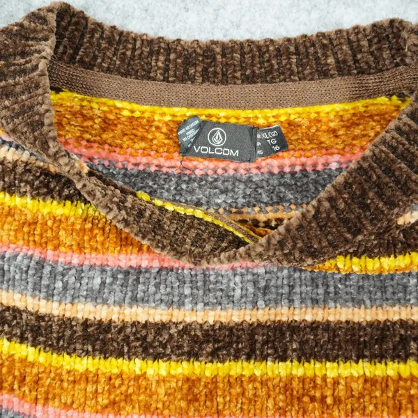Volcom Women's XL Chenille Striped Cropped Crew Neck Sweater Brown Orange Yellow - Image 4