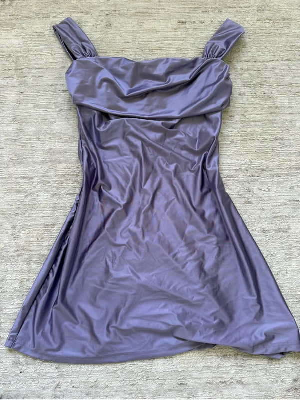 OQQ Fitness Off-Shoulder Lavender Satin Mini Dress (Size Small) - Image 3