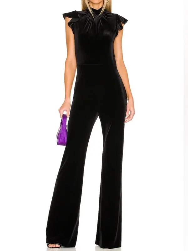 Amanda Uprichard x REVOLVE Davina Jumpsuit in Black Velvet Flutter Top Flare Leg - Image 2