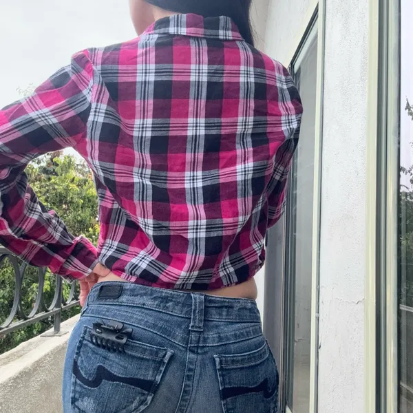Papaya Pink Plaid Tie-Front Flannel Crop Shirt | Soft Grunge Y2K Vibes | Size S - Image 3