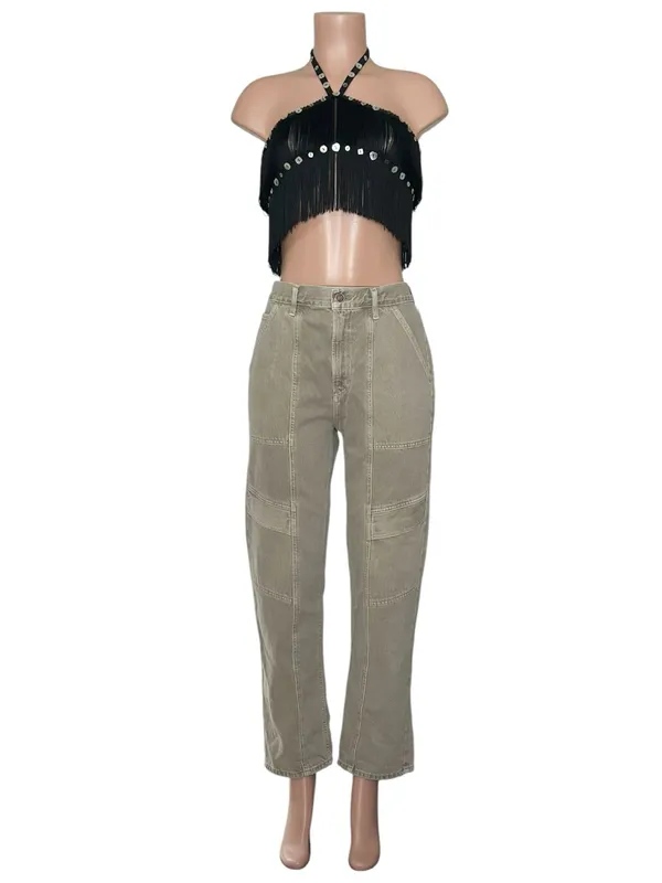 JADED LONDON Asha Fringed Button Crossover Top, Black, XS - Image 9