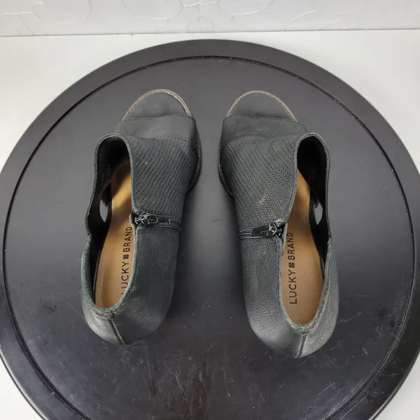 Lucky Brand Jedrek Womens Wedge Size 11 Black Leather Open Toe Slip On Pump Heel - Image 7