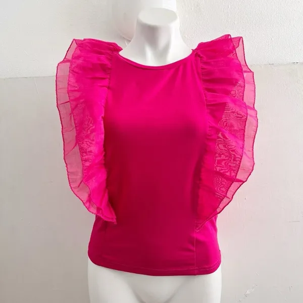 NEW Celebrity Hot Pink Ruffle Flutter Sleeve Top Fuchsia Organza LARGE - Image 2