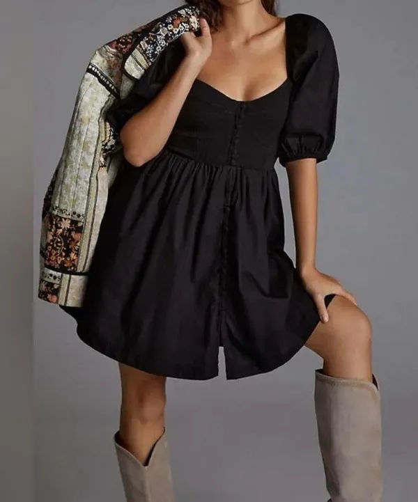 Anthropologie Maeve Puff-Sleeved Cotton Sweetheart Mini Dress Black Size Medium - Image 12