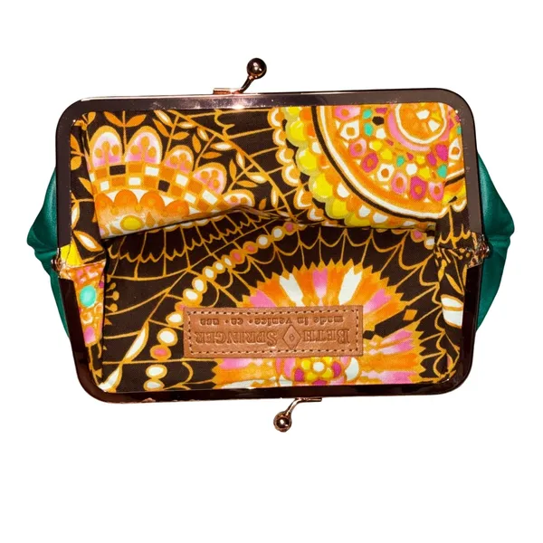 Beth Springer Leather Clutch Women Small Green Excellent Kiss Lock Rose Gold - Image 4