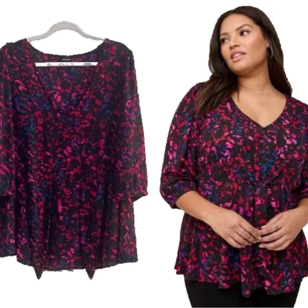 Torrid Peplum Georgette Tie Front Leopard Print Blouse Plus Size 2X Black Pink - Image 2