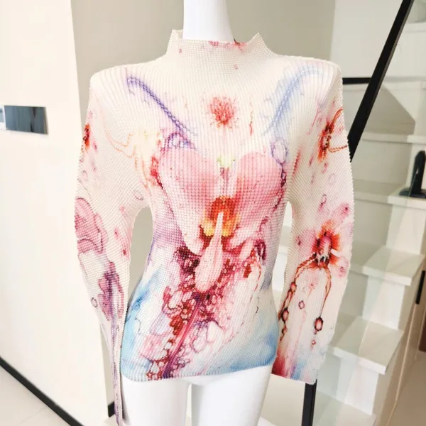 Watercolor Floral Print Pleated Long Sleeve Top Mock - Image 2