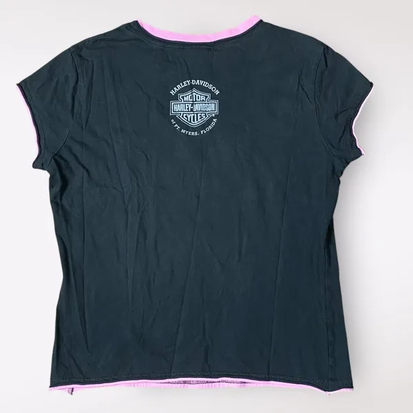 Harley Davidson Classic Floral Tee Womens Size M Black‎ Pink Biker - Image 6