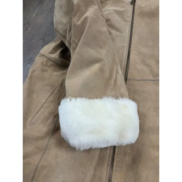NEW YORK CLASSICS Tan Plush Lined Hood Genuine Suede Leather Coat Jacket Large - Image 2