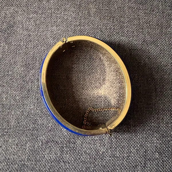 Blue & Gold Wide Bangle Fashion Bracelet Hinged Chain Closure - Costume Jewelry - Image 3