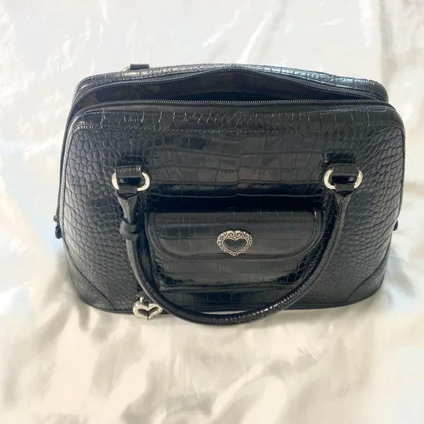 Vintage Black Leather Brighton Croc Heart Charm Large Tote Satchel Handbag - Image 7