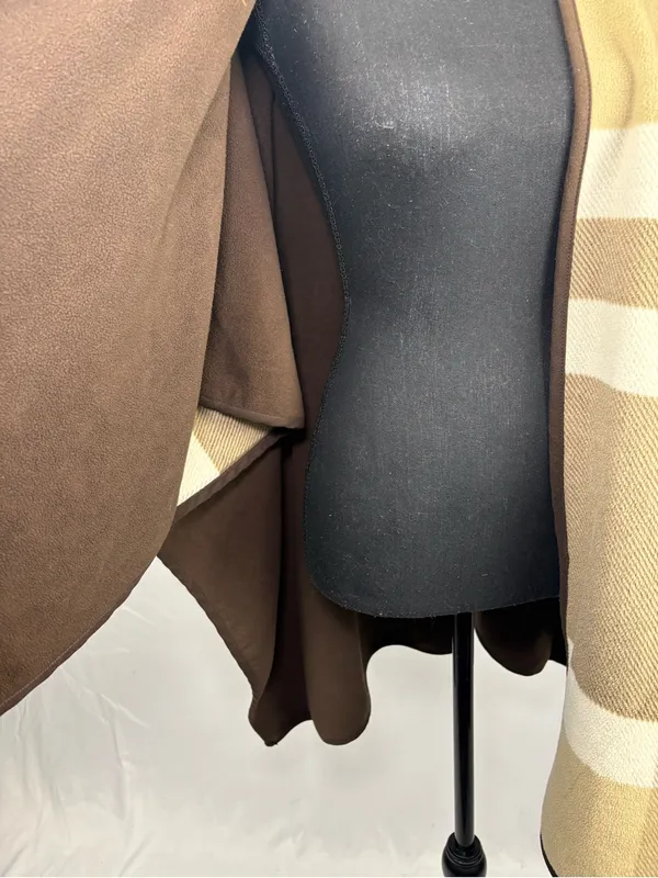 Plaid Open-Front Cape in Cream, Beige and Brown - Image 6