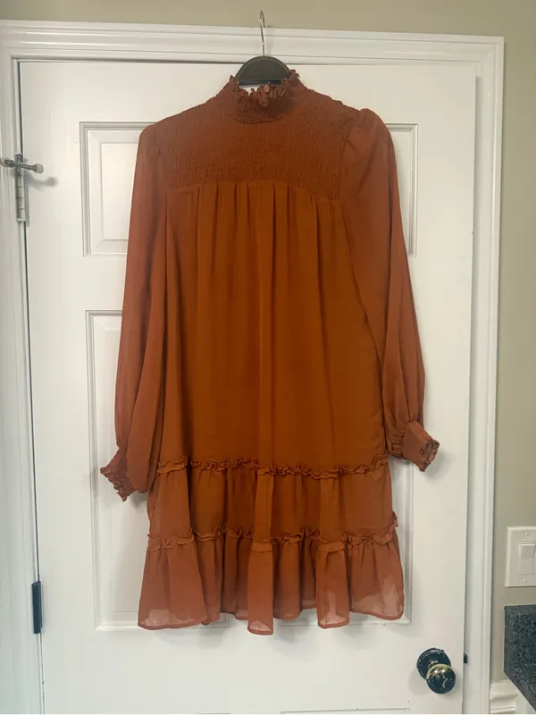 CeCe Rust Smocked High-Neck Tiered Long-Sleeve Dress - Image 4