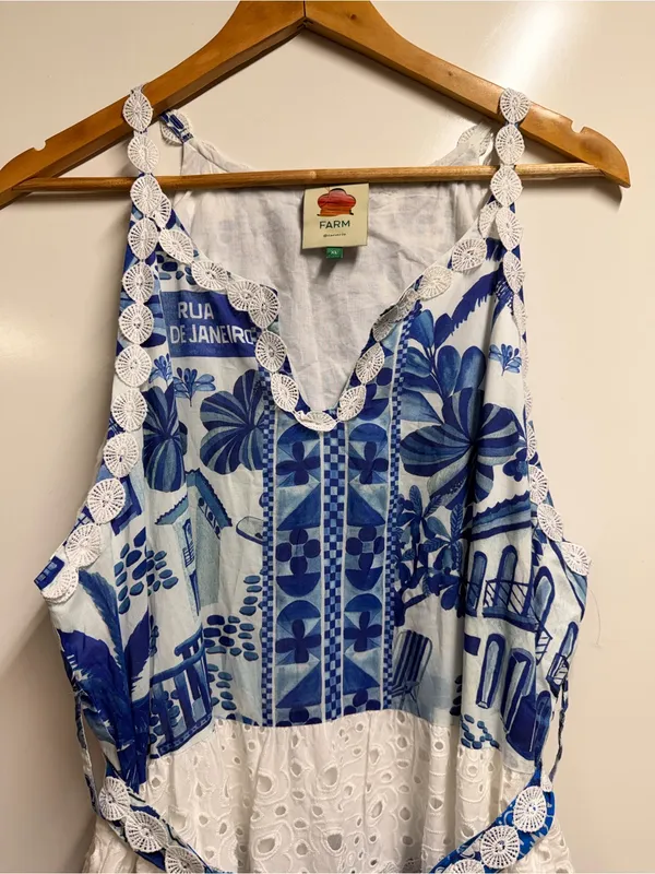 Farm Rio 100% cotton white blue tired maxi dress size xl - Image 5