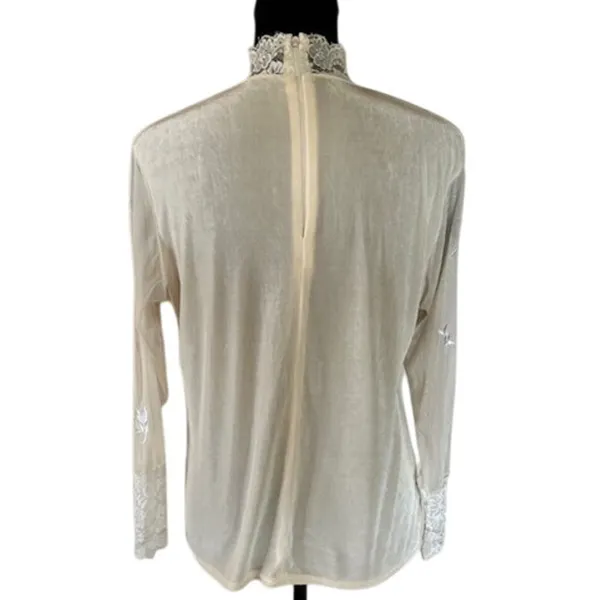 Sheer Lace High Neck Blouse Ivory Embroidered Korea Vintage Style Medium - Image 7