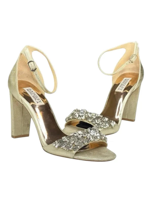 Badgley Mischka ❧ Barby Crystallized Heeled Sandals ❧ Gold Shimmery Leather ❧ 8M - Image 10