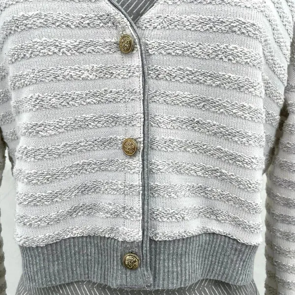 Maison Jules Sweater Gray Striped Cropped Knit Cardigan Coastal Academia Preppy - Image 3