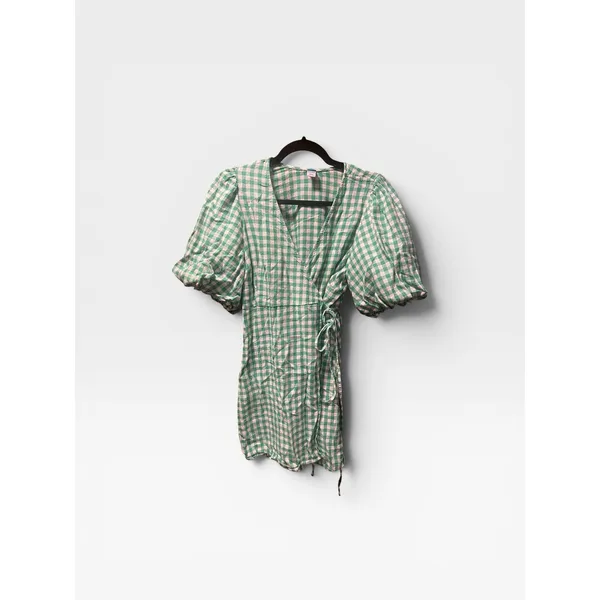 Old Navy Puff-Sleeve Gingham Wrap Mini Dress Green/White Large Petite - Image 2
