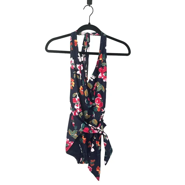 RACHEL Rachel Roy Sash Wrap Blue Pink Floral One Piece Swimsuit Halter sz. L - Image 2
