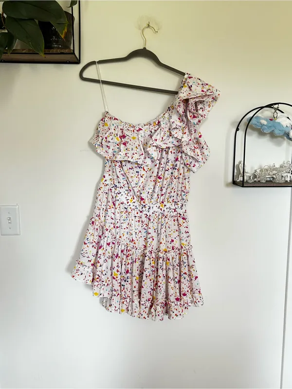 Buddy Love Sofia Rainbow Splatter Polka Dot One Shoulder Ruffle Mini Dress Large - Image 4