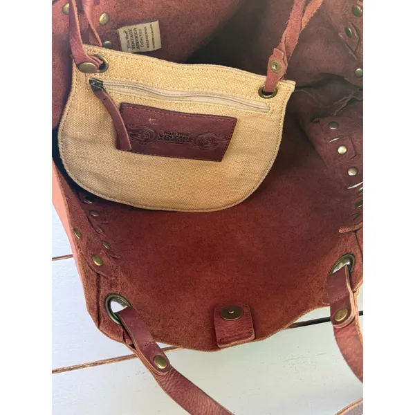 Nine West Vintage America Brown Leather Tote Studded Boho Shoulder Bag Handbag - Image 12