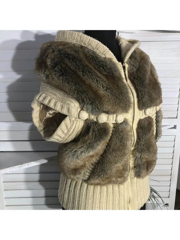 Vintage Faux Fur vest cable knit warm hooded ski resort travel cottage 70's boho - Image 10
