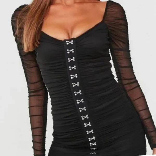 Forever 21 Sexy Black Ruched Mesh Mini Dress Long Sleeves Medium - Image 2