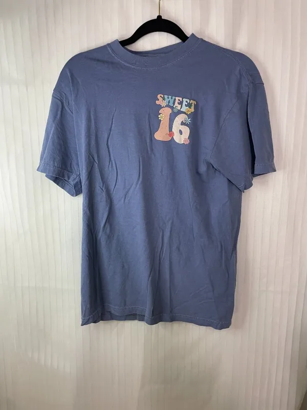 Comfort Colors Sweet 16 Graphic T-Shirt Medium Blue Floral Birthday 100% Cotton - Image 2