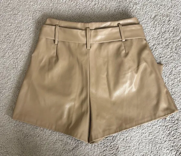 DO+BE Faux Leather Tan High Waist Belted Shorts - Image 2