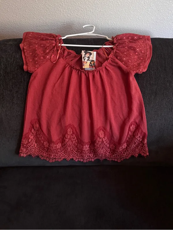 ELF Deep Burgundy Lace Flutter Sleeve Blouse Red - Image 4