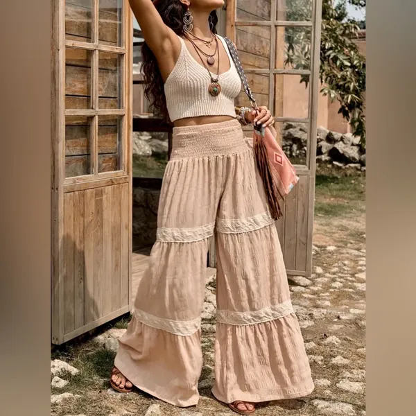 Boutique Boho Chic Crochet Lace Tiered Wide Leg Textured Palazzo Pants Coastal Cowgirl L - Image 5