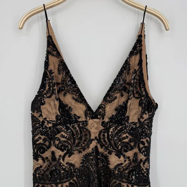 Free People Night‎ Shimmers Mini Dress 6 Black Nude Sequin Lace Party Cocktail - Image 5