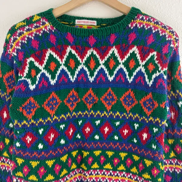 Vintage 90’s Coogi Vibes Multicolor Pattern Stripe Hand Knit Grandpa Sweater - Image 2